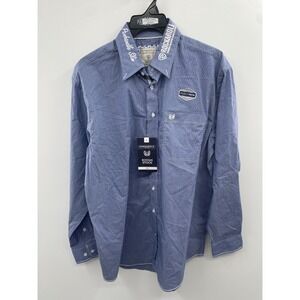 NWT Rough Stock Button Up Shirt Men's Large Blue Rock & Roll Collar Embroidery